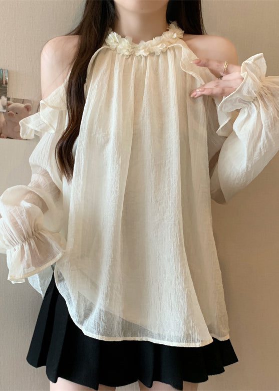 French White Cold Shoulder Chiffon Top Fall