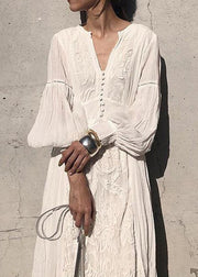 French White Embroidered High Waist Long Dress Lantern Sleeve