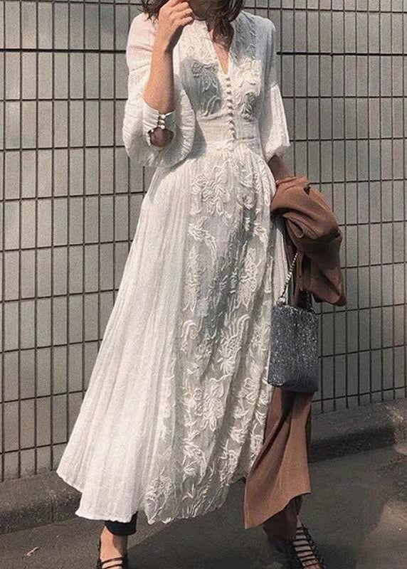 French White Embroidered High Waist Long Dress Lantern Sleeve