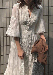 French White Embroidered High Waist Long Dress Lantern Sleeve