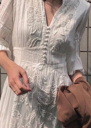 French White Embroidered High Waist Long Dress Lantern Sleeve