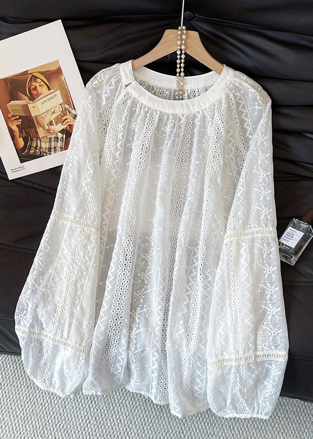 French White Embroidered Hollow Out Cotton Shirts Fall