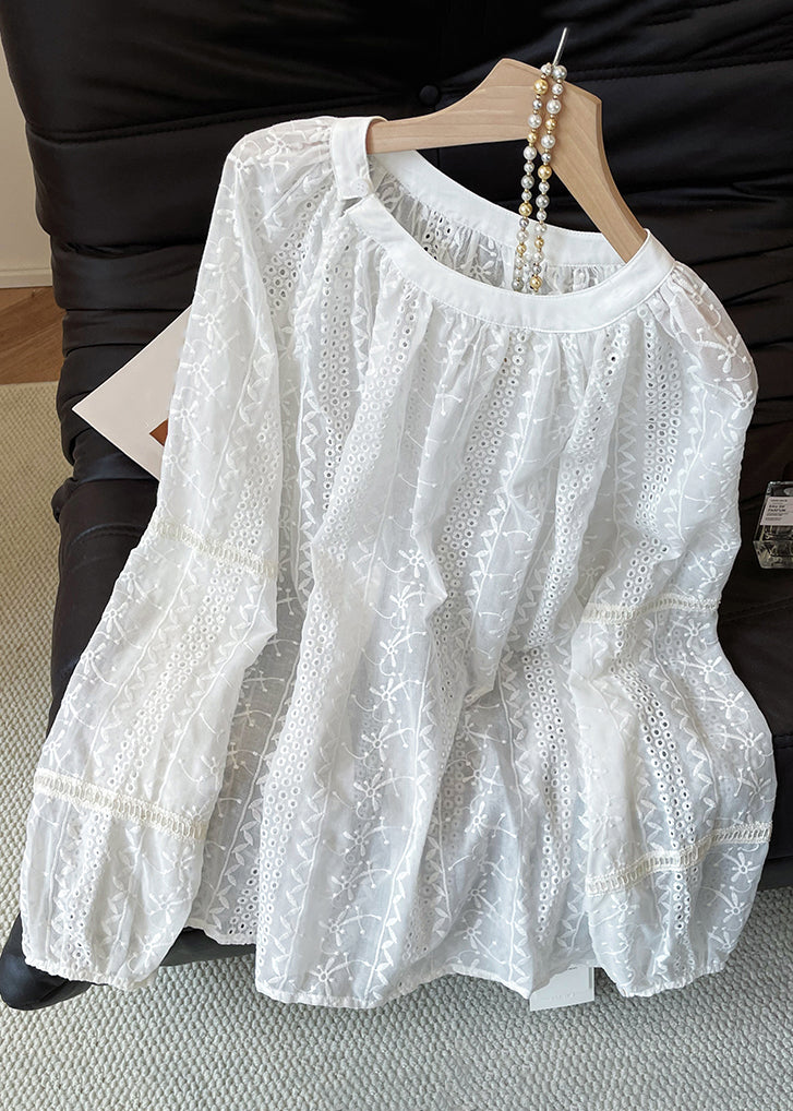 French White Embroidered Hollow Out Cotton Shirts Fall