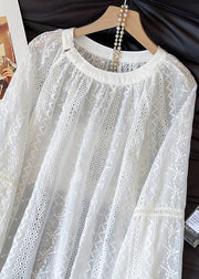 French White Embroidered Hollow Out Cotton Shirts Fall