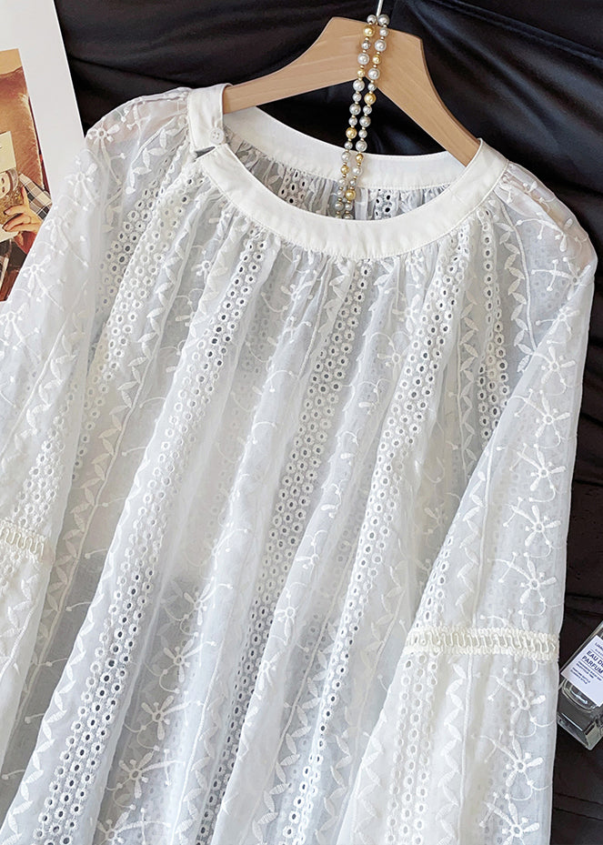 French White Embroidered Hollow Out Cotton Shirts Fall