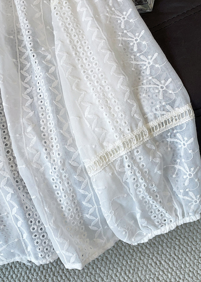 French White Embroidered Hollow Out Cotton Shirts Fall