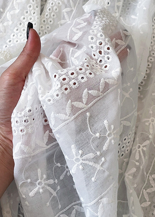 French White Embroidered Hollow Out Cotton Shirts Fall