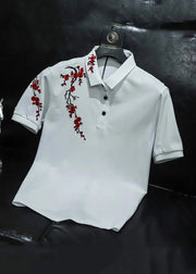 French White Embroideried Button Cotton Men Polo Shirt Summer