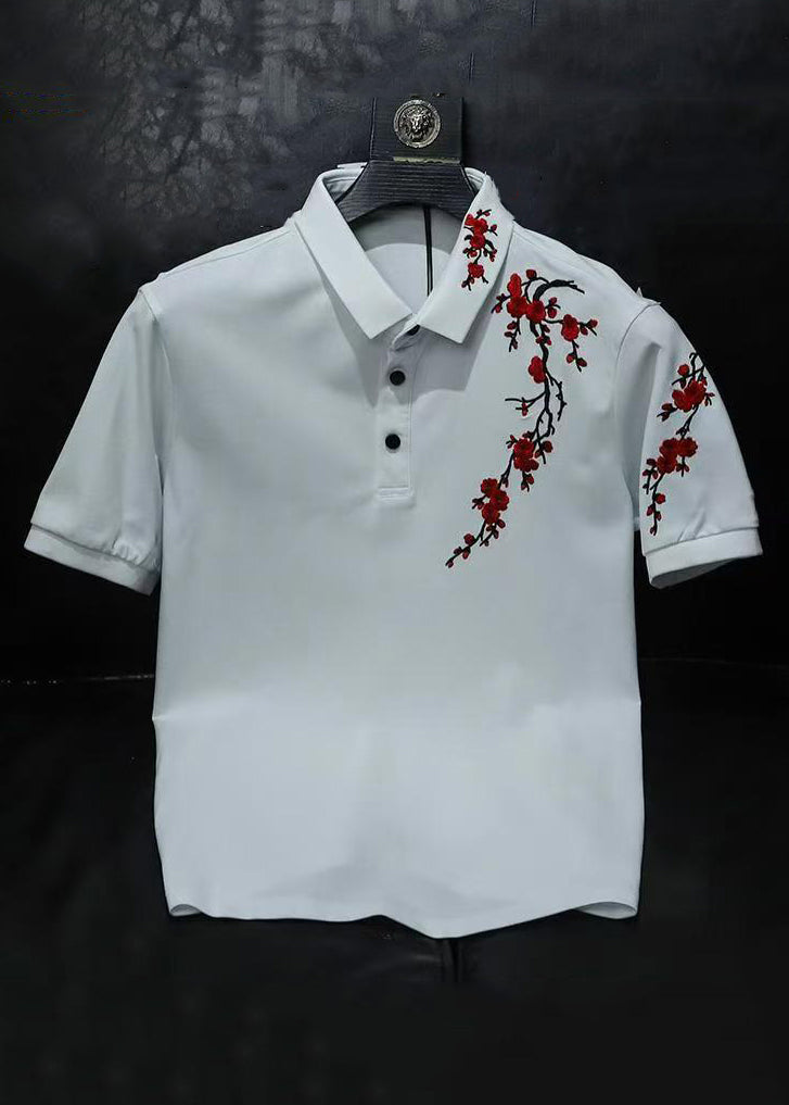 French White Embroideried Button Cotton Men Polo Shirt Summer