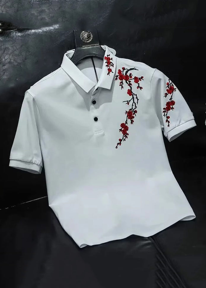 French White Embroideried Button Cotton Men Polo Shirt Summer