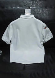 French White Embroideried Button Cotton Men Polo Shirt Summer