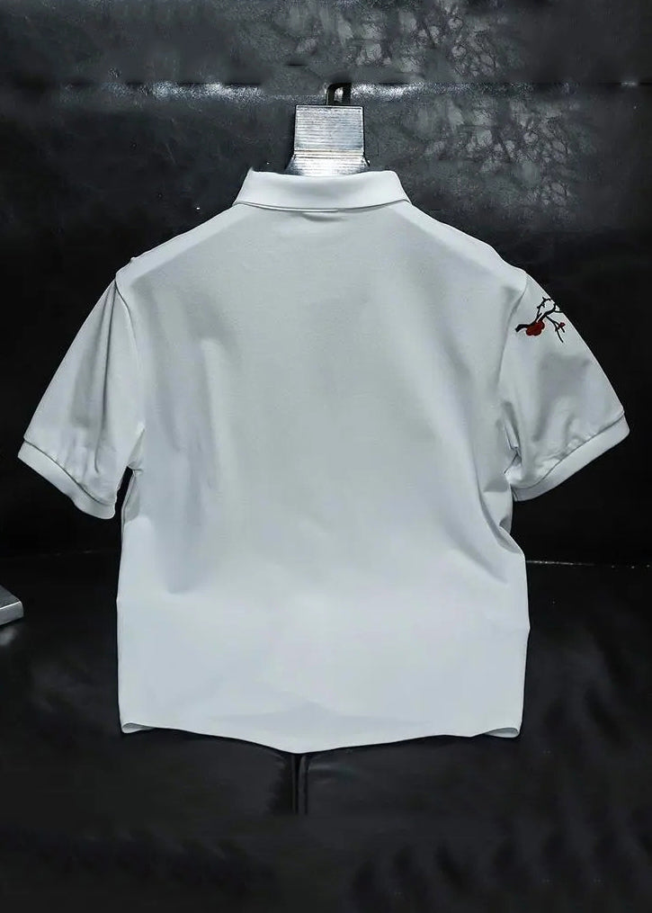 French White Embroideried Button Cotton Men Polo Shirt Summer