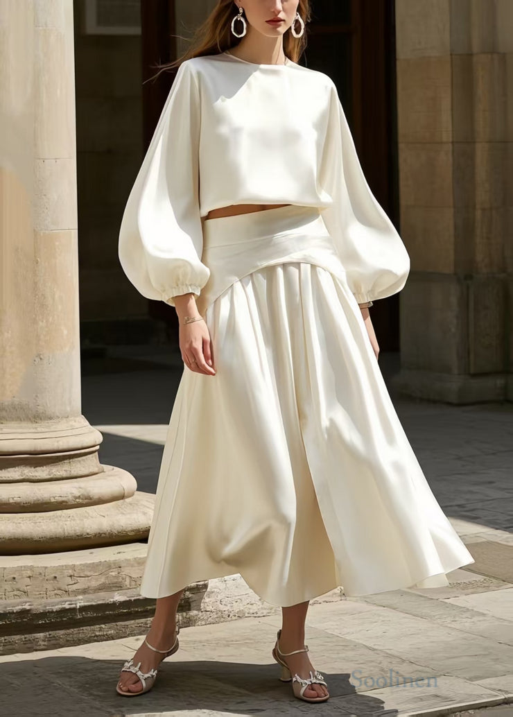 French White Exra Large Hem Draping Silk Two Pieces Set Lantern Sleeve