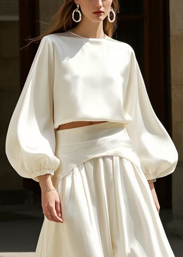 French White Exra Large Hem Draping Silk Two Pieces Set Lantern Sleeve