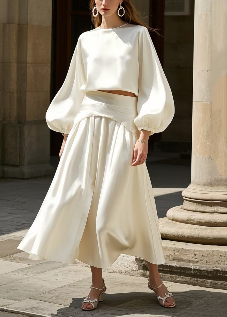 French White Exra Large Hem Draping Silk Two Pieces Set Lantern Sleeve