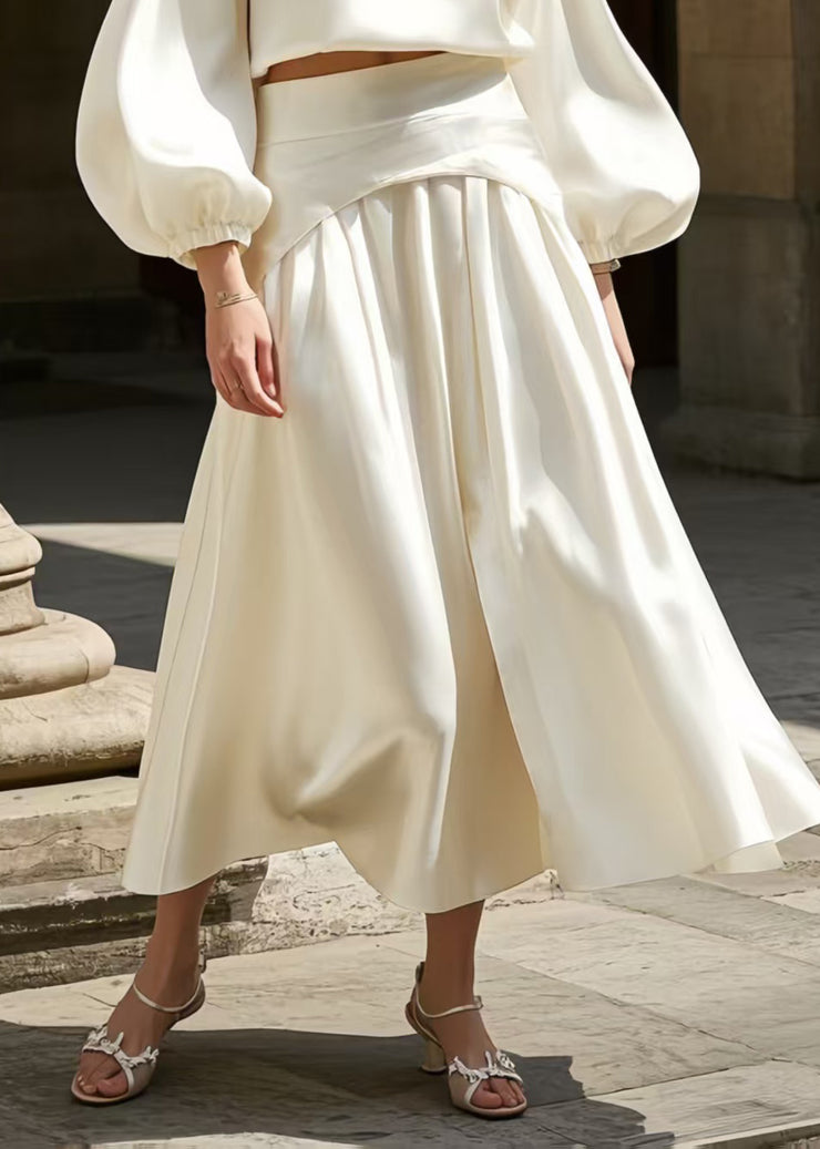 French White Exra Large Hem Draping Silk Two Pieces Set Lantern Sleeve