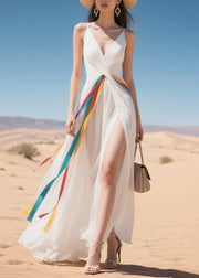 French White Exra Large Hem Side Open Chiffon Vestidos Dress Summer