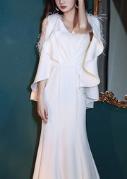 French White Feathered Haute Couture Mermaid Gown Off The Shoulder