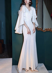 French White Feathered Haute Couture Mermaid Gown Off The Shoulder