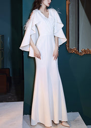 French White Feathered Haute Couture Mermaid Gown Off The Shoulder