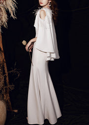 French White Feathered Haute Couture Mermaid Gown Off The Shoulder