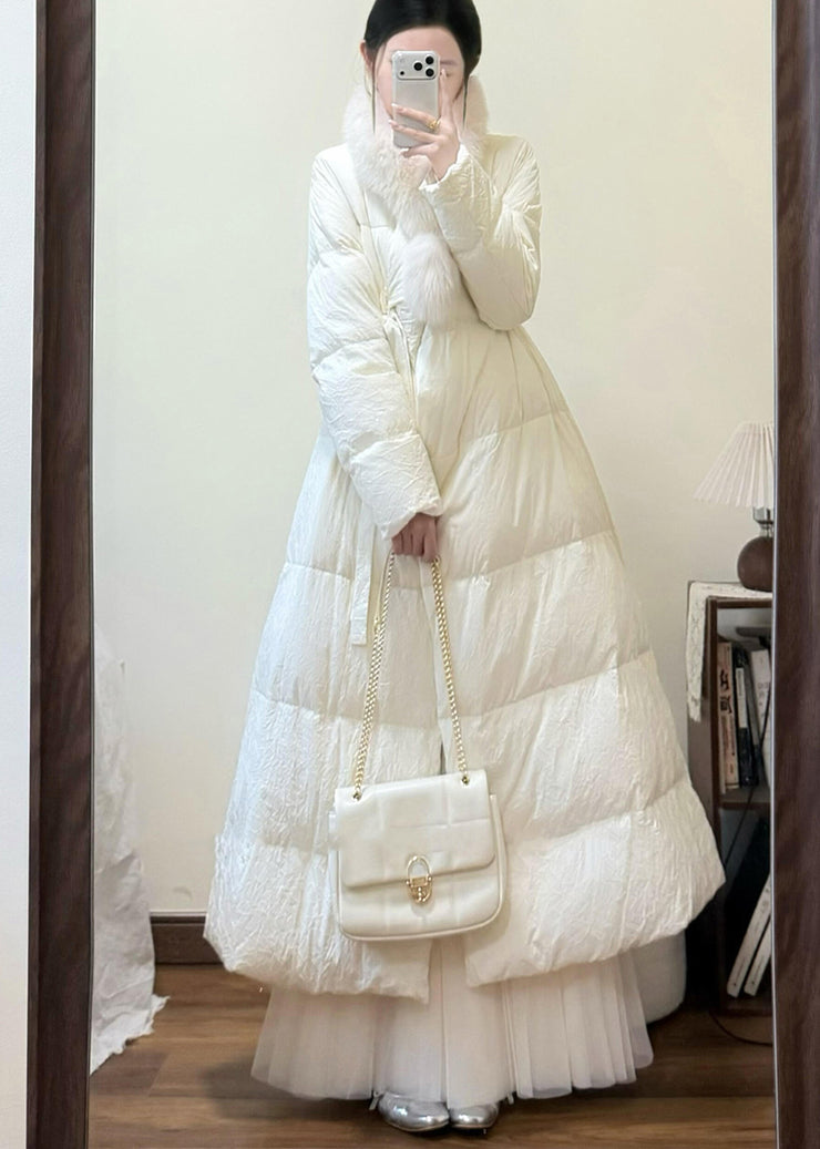 French White Fox Collar Tie Waist Duck Down Puffers Jackets Winter