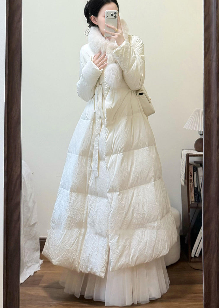 French White Fox Collar Tie Waist Duck Down Puffers Jackets Winter