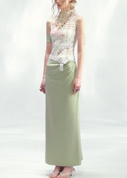 French White Green Print Long Dresses Sleeveless