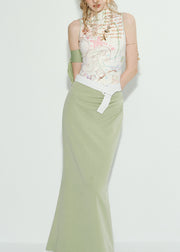 French White Green Print Long Dresses Sleeveless