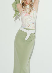 French White Green Print Long Dresses Sleeveless