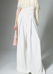 French White High Waist Solid Cotton Wide Leg Pants Summer