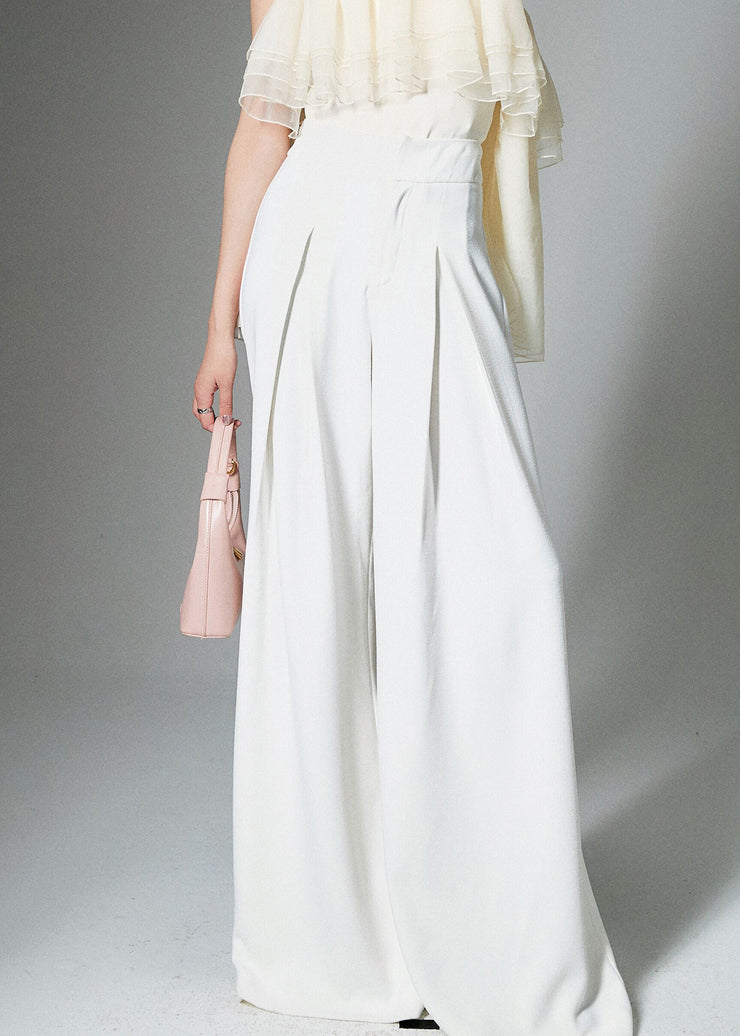 French White High Waist Solid Cotton Wide Leg Pants Summer
