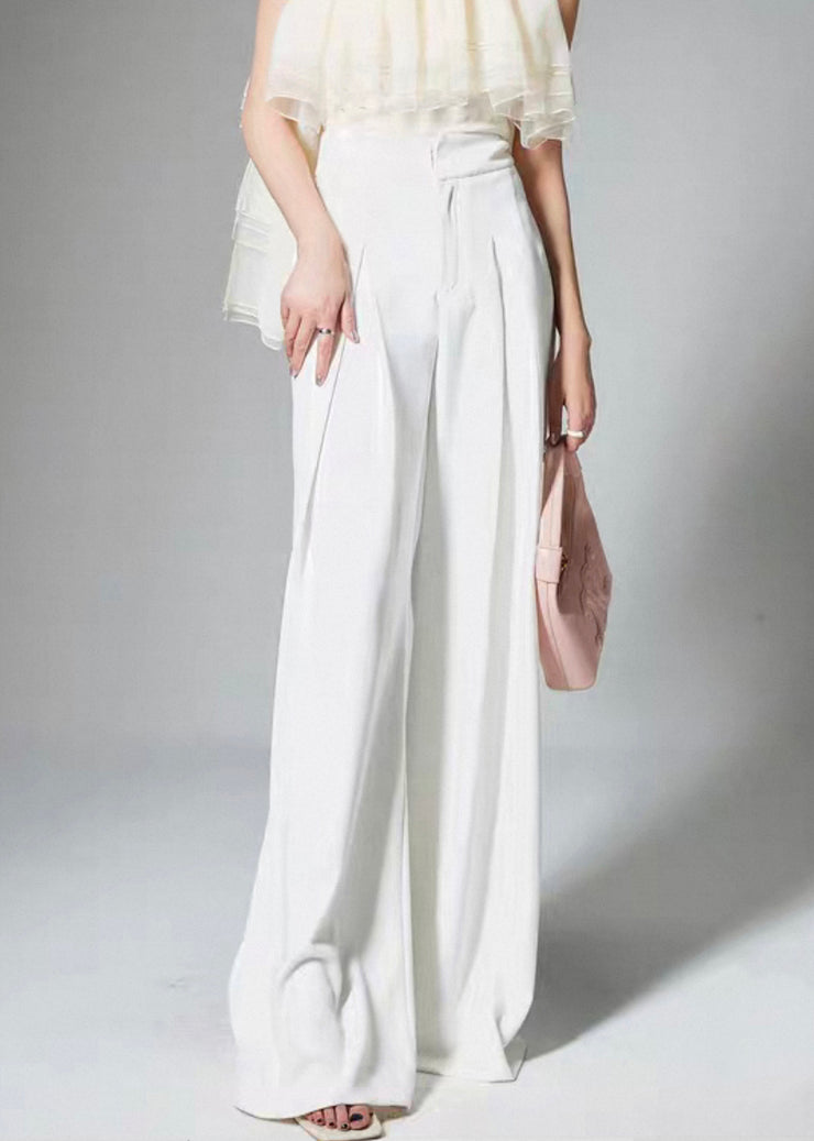 French White High Waist Solid Cotton Wide Leg Pants Summer