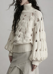 French White Hign Neck Hollow Out Woolen Sweater Winter