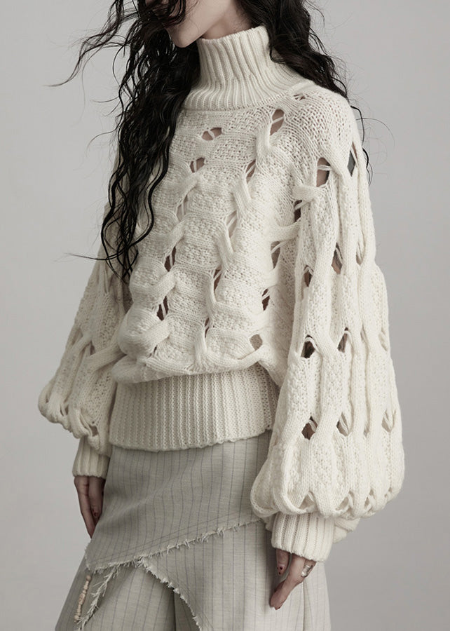 French White Hign Neck Hollow Out Woolen Sweater Winter