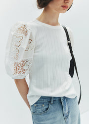 French White Hollow Out Embroidered Puff Sleeve Cotton Shirt