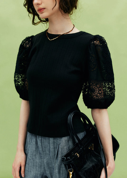 French White Hollow Out Embroidered Puff Sleeve Cotton Shirt