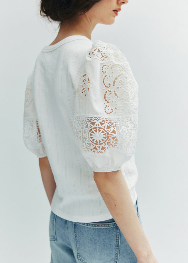 French White Hollow Out Embroidered Puff Sleeve Cotton Shirt