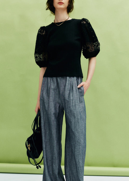 French White Hollow Out Embroidered Puff Sleeve Cotton Shirt