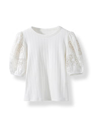 French White Hollow Out Embroidered Puff Sleeve Cotton Shirt