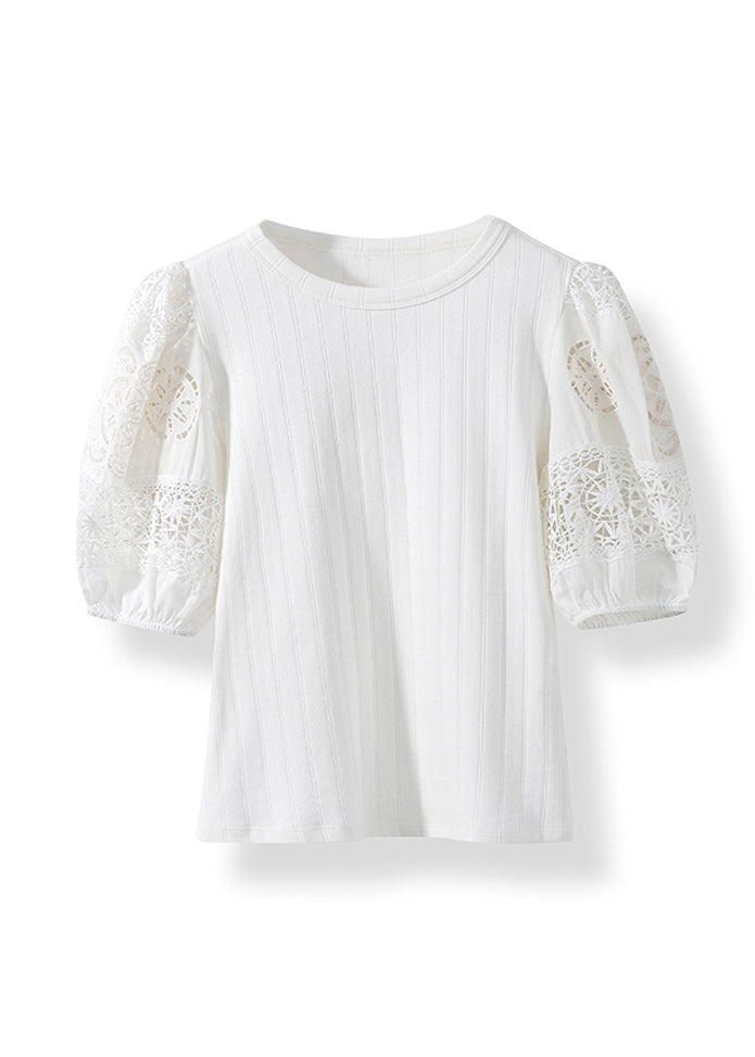 French White Hollow Out Embroidered Puff Sleeve Cotton Shirt