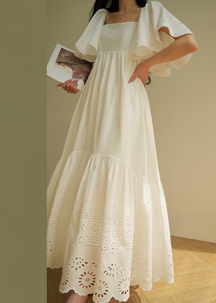 French White Hollow Out Lace Up Cotton Long Dress Summer