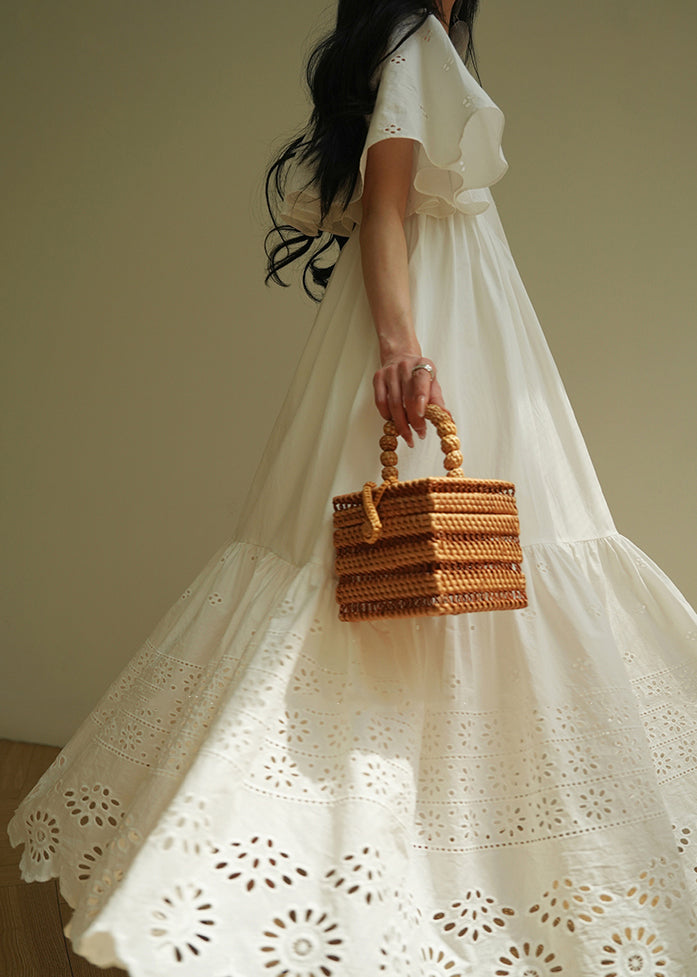 French White Hollow Out Lace Up Cotton Long Dress Summer