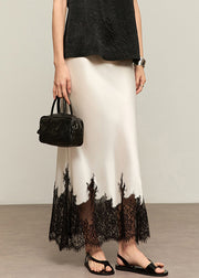 French White Lace High Waist Patchwork Silk Skirts Summer