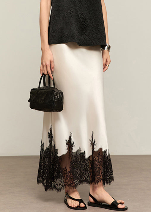 French White Lace High Waist Patchwork Silk Skirts Summer