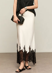 French White Lace High Waist Patchwork Silk Skirts Summer