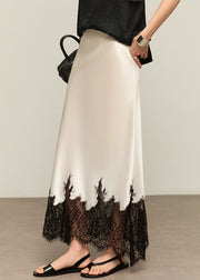 French White Lace High Waist Patchwork Silk Skirts Summer