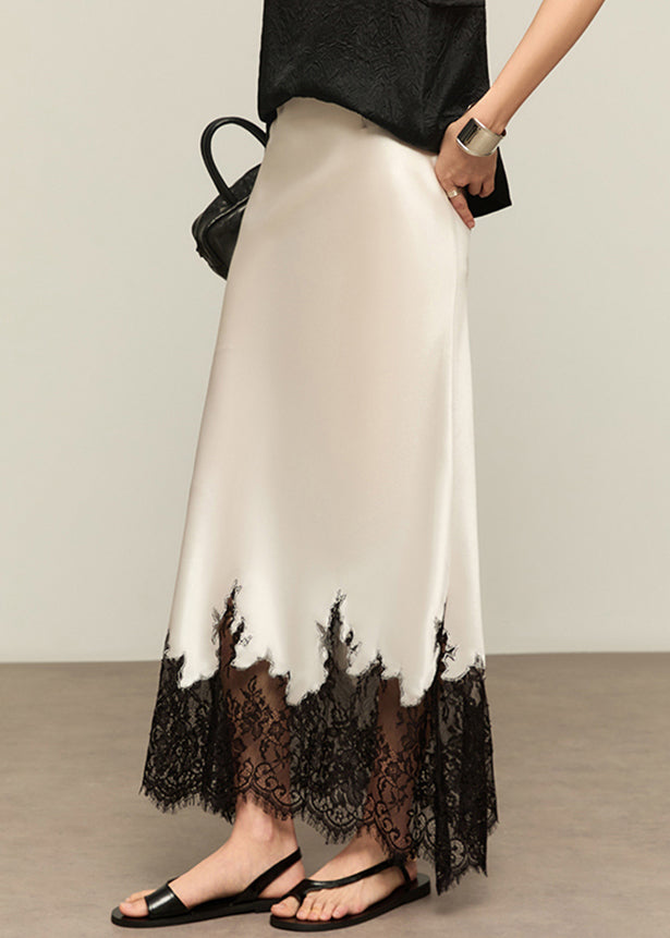French White Lace High Waist Patchwork Silk Skirts Summer