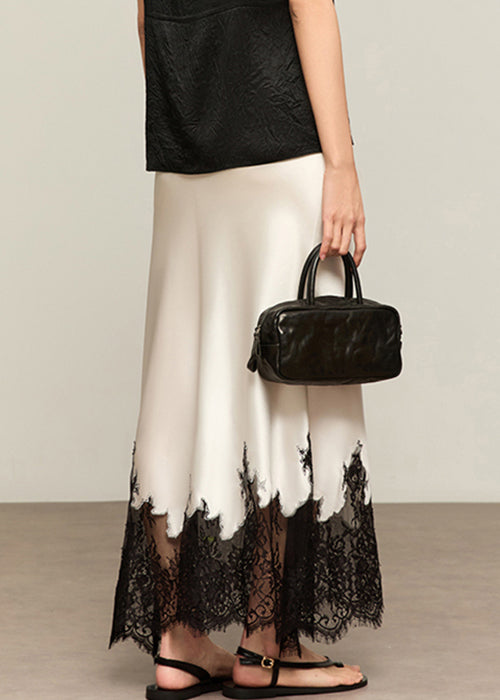 French White Lace High Waist Patchwork Silk Skirts Summer