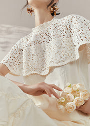 French White Lace Hollow Out Cotton Shirt Short Sleeve